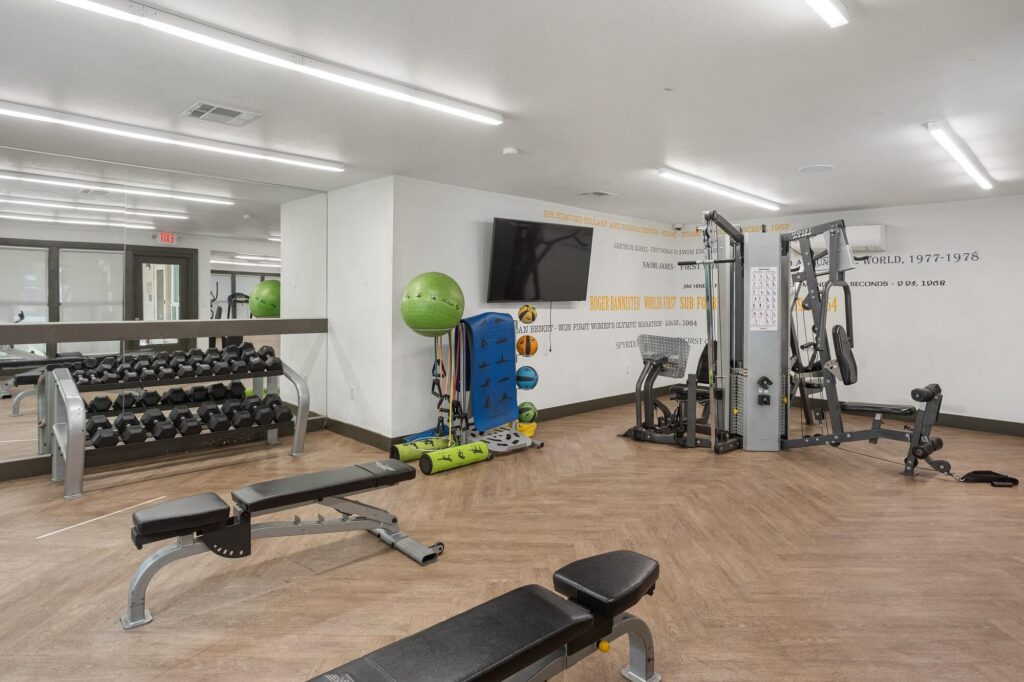 A modern gym with free weights, benches, a cable machine, medicine balls, and mirrored walls. A motivational quote is on the wall, and a TV is mounted above workout equipment.